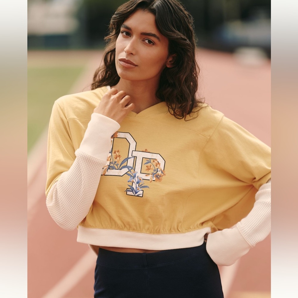 NWT Anthropologie x Daily Practice Yellow  Cream V-Neck Twofer Sweatshirt Top